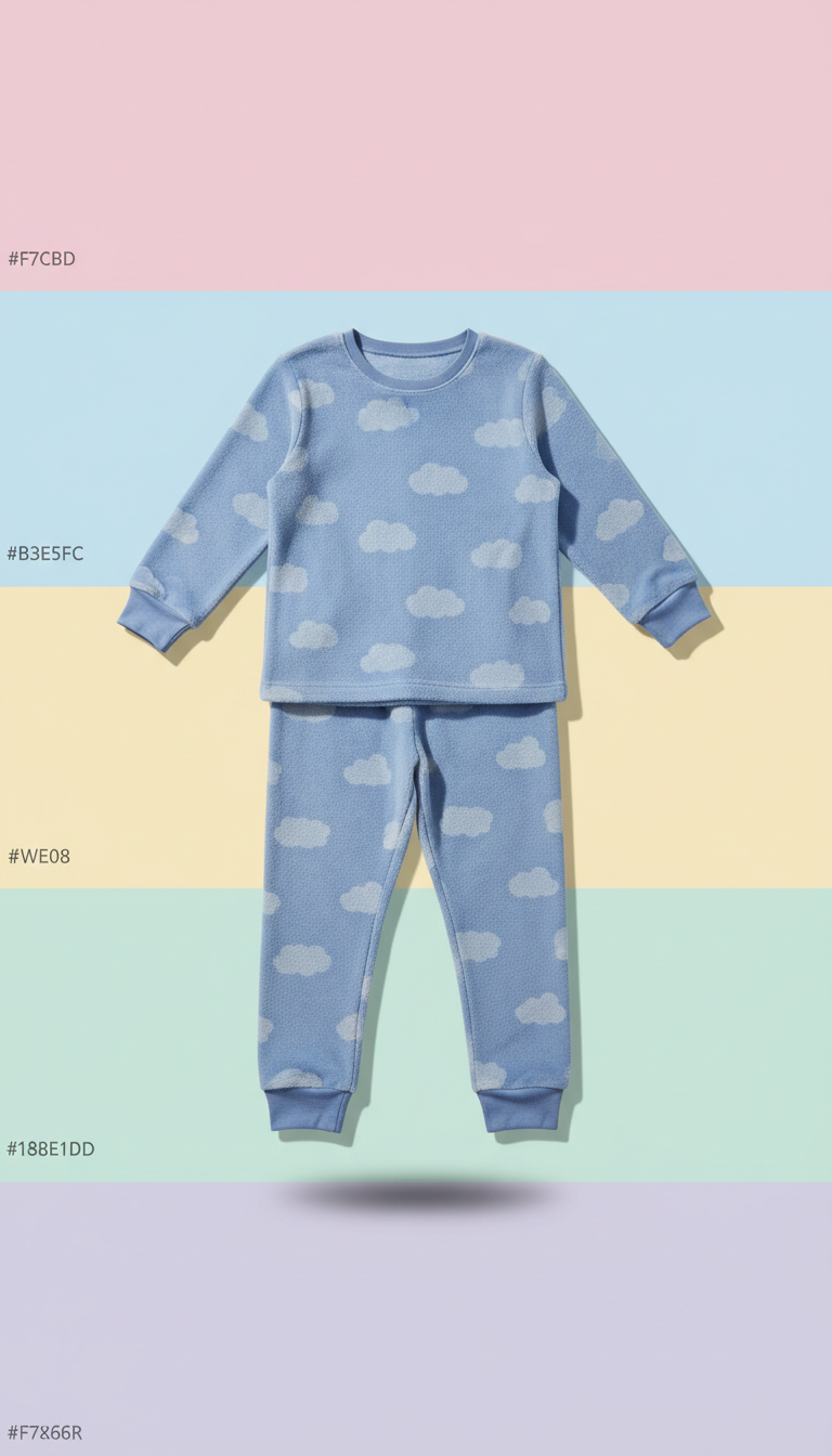 Daydream Blue cozy pajamas, Primary product shots use a straight-on or slight 3/4 angle at child-height for bedding/plush...